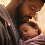 Pai negro, segurando a sua filha pequena dormindo no seu colo. Lembranças da infância da autora