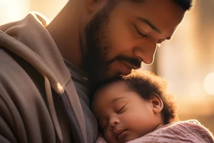 Pai negro, segurando a sua filha pequena dormindo no seu colo. Lembranças da infância da autora