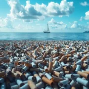 Gerada por IA, mostra o mar com uma mancha de bitucas de cigarro no mar