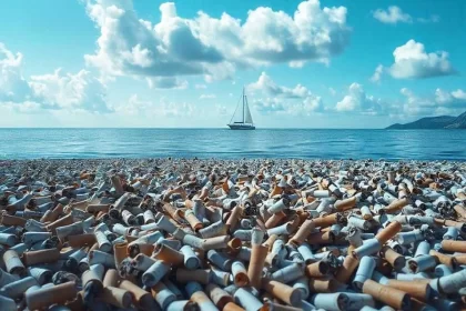 Gerada por IA, mostra o mar com uma mancha de bitucas de cigarro no mar