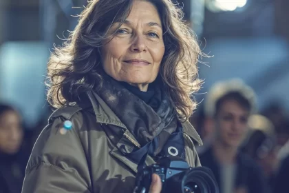 Uma mulher com mais de 60 anos tem uma máquina fotográfica pendurada no pescoço. É o trabalho depois dos 60