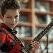 Foto de um menino com um violão na mão