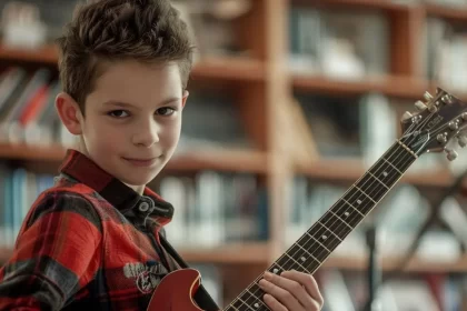 Foto de um menino com um violão na mão