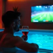 Homem na piscina de um quarto de motel vendo um jogo na TV, é o fim do casamento