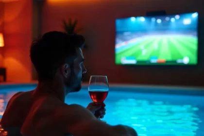 Homem na piscina de um quarto de motel vendo um jogo na TV, é o fim do casamento