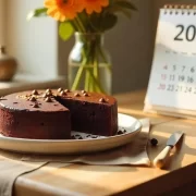 Foto de uma tora de chocolate sobre a mesa da cozinha com um calendário de 2025 ao lado. Autora fala de resoluções e comida