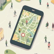 Imagem gerada por IA, mostra uma ilustraçao de pessoas caminhando numa cidade, com um celular gigante no meio, é a caminhabilidade