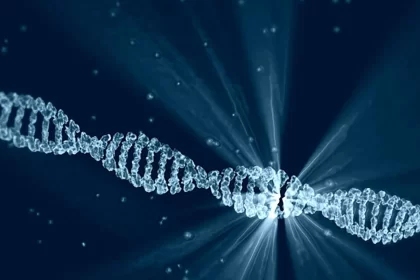 Gerada por IA. Um filete de DNA em gotas de água, assim são nossos corpos