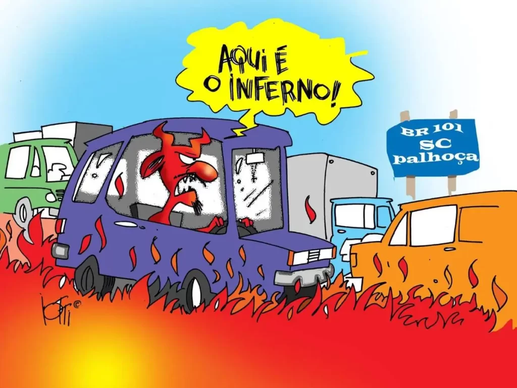 Ilustração do cartunista Iotti, mostra um ônibus com um dia diabo reclamando do trânsito do inferno do período turístico de Floripa