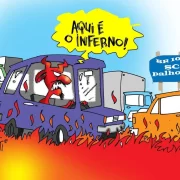 Ilustração do cartunista Iotti, mostra um ônibus com um dia diabo reclamando do trânsito do inferno do período turístico de Floripa