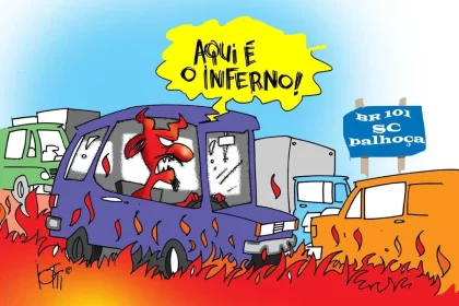 Ilustração do cartunista Iotti, mostra um ônibus com um dia diabo reclamando do trânsito do inferno do período turístico de Floripa