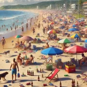 Imagem gerada por IA mostra muitas pessoas sentadas á beira da praia, entre cachorros e esgoto