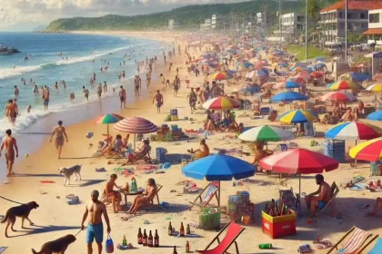 Imagem gerada por IA mostra muitas pessoas sentadas á beira da praia, entre cachorros e esgoto