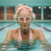 Foto de uma mulher idosa em pé na piscina, com óculos de mergulho. Autora fala de idade