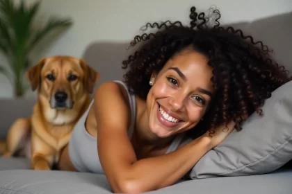 Mulher negra jovem, com cabelos encaracolados, sorri tendo ao lado um cachorro. É o alívio de não precisar ser interessante