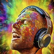 Imagem da cabeça de um homem careca com um fone de ouvido música, com uma explosão de cores