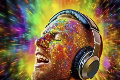 Imagem da cabeça de um homem careca com um fone de ouvido música, com uma explosão de cores