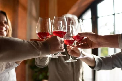 Várias mãos de amigos fazendo um brinde com taças de vinho