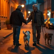 Dois homens passeiam com seus cachorros à noite. Autor fala do seu amigo falecido carlos magno