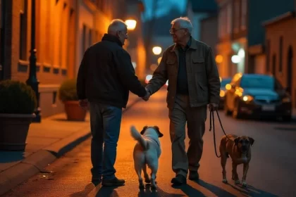 Dois homens passeiam com seus cachorros à noite. Autor fala do seu amigo falecido carlos magno