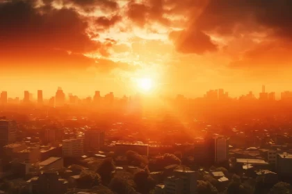 Vista aérea de uma cidade com um sol escaldante e muito calor