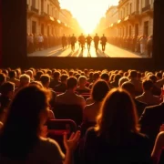 Uma sala de cinema cheia, com um filme passando na tela ao fundo