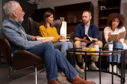 Um casal mais velho e uma casa mais novo, na sala, parecem fazer uma reunião. Autor discute modelo de holding familiar