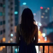 Uma mulher na sacada de um apartamento, à noite, olhando a cidade iluminada. A autora questiona as respostas para a pergunta: tirando o cansaço, tudo bem?