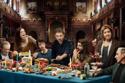 cena da série Merlí: Sapere Aude, com alunos e professores num banquete de jantar. Netflix