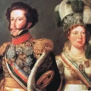 Pintura de dom pedro I e dona Leopoldina. Dívida brasileira começou com eles.