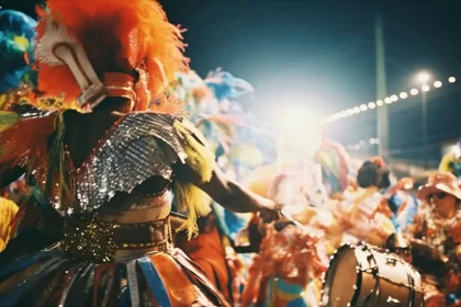 Imagem colorida de um desfile de carnaval. Autor sustenta que carnaval é o começo do ano