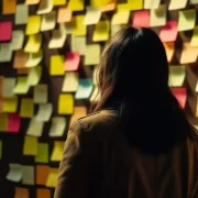 Mulher em frente a uma parede repleta de post its, são muitas escolhas