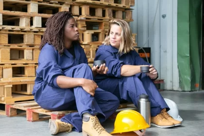 Uma mulher negra e uma branca sentadas no chão de fábrica. Autora fala na questão da igualdade no trabalho