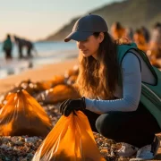 Uma jovem agachada numa praia recolhendo lixo. Cada deve fazer a sua parte pelo planeta