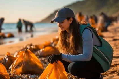 Uma jovem agachada numa praia recolhendo lixo. Cada deve fazer a sua parte pelo planeta