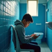 Adolescente sentado no banheiro, olhando celular. Autora fala nas más influências