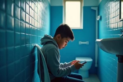 Adolescente sentado no banheiro, olhando celular. Autora fala nas más influências