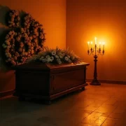 Morte: um caixão numa capela vazia, com flores e uma castiçal com velas.