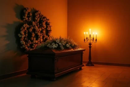 Morte: um caixão numa capela vazia, com flores e uma castiçal com velas.
