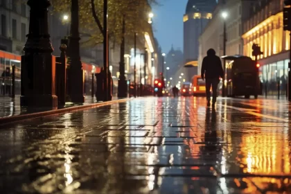 Cena urbana, uma cidade no momento que chove. É noite e há reflexos de luzes no chão