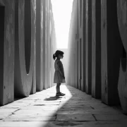 uma menina no meio de um corredor formado por blocos de letras gigantes. Autora fala de narrativa.