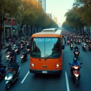 Numa avenida, um ônibus cercado por dezenas de motos. É o transporte urbano.
