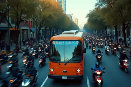 Numa avenida, um ônibus cercado por dezenas de motos. É o transporte urbano.
