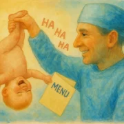 Ilustração de um médico erguendo um bebê pelos pés. O autor fala sobre bom humor.
