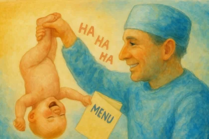 Ilustração de um médico erguendo um bebê pelos pés. O autor fala sobre bom humor.
