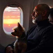 Homem viajando com o seu cão no avião. Autor fala em cães de suporte e emocional e cão-guia