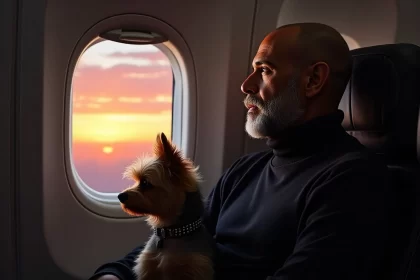 Homem viajando com o seu cão no avião. Autor fala em cães de suporte e emocional e cão-guia