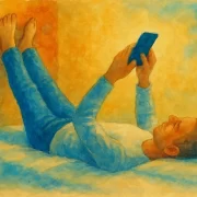ilustração de um homem deitado na cama segurando um celular. Posição para aliviar coluna.