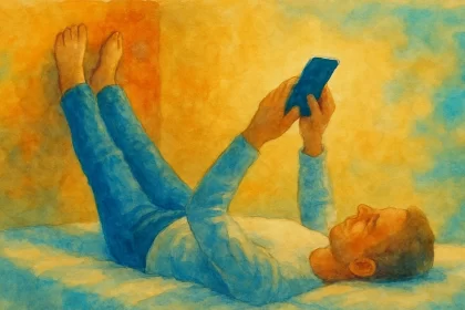 ilustração de um homem deitado na cama segurando um celular. Posição para aliviar coluna.