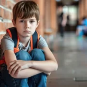 Foto de uma criança triste agachada no corredor da escola. Exemplo de vítima dos pais.